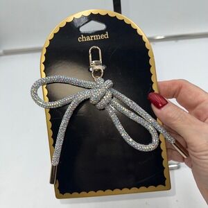 Charmed Rhinestone Bow Keychain Bag Charm Gold Tone Clasp